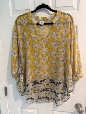 Cabi Style 5713 Yellow Floral Sheer Blouse Medium Boho Tie Waist Top